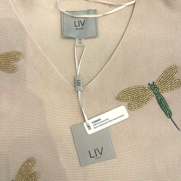 Liv Milano Womens Beige Knit Beaded Dragonfly Sweater Sz M Whimsical Long Sleeve - Picture 4 of 9